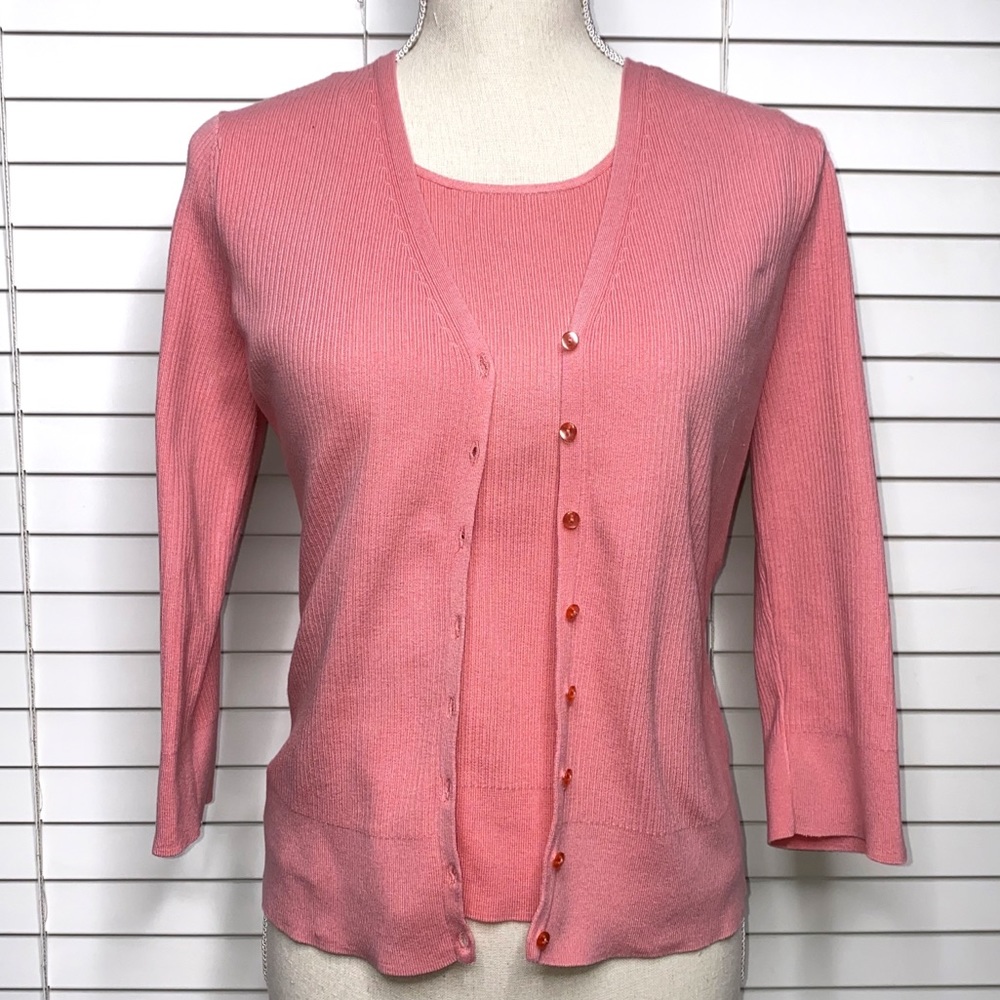 Talbots Pink Ribbed V-Neck Cardigan with Matching Shell - Picture 6 of 8